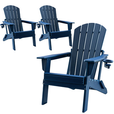 HDPE Folding Adirondack Chair With Cup Holder,Weather-Resistant, Low Maintenance,Supports Up To 400Lbs,,3Pack