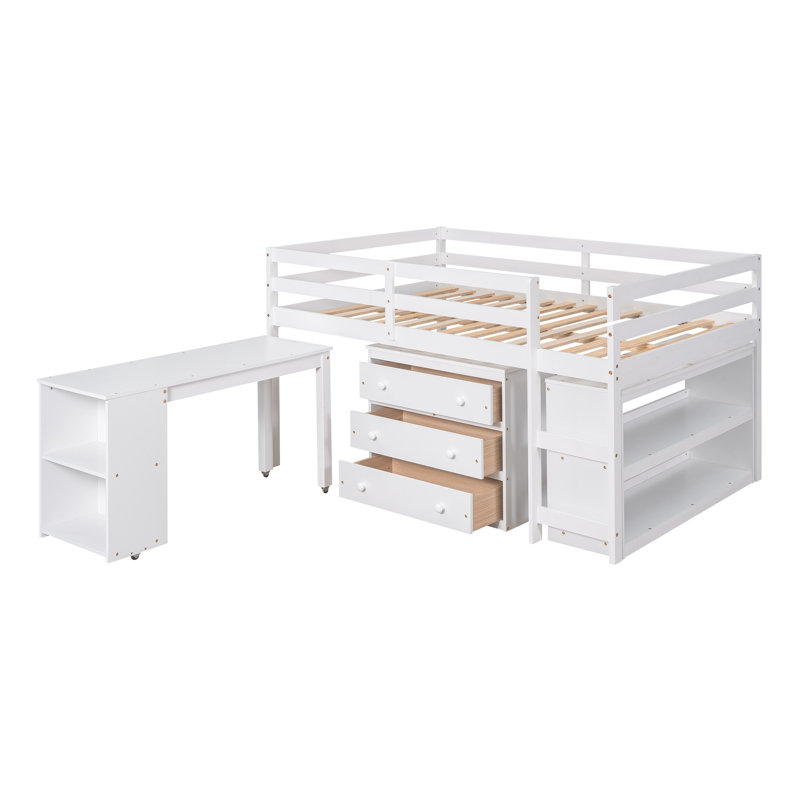 Lit mezzanine double blanc avec bureau intégré, tablettes, armoire et rangement roulant