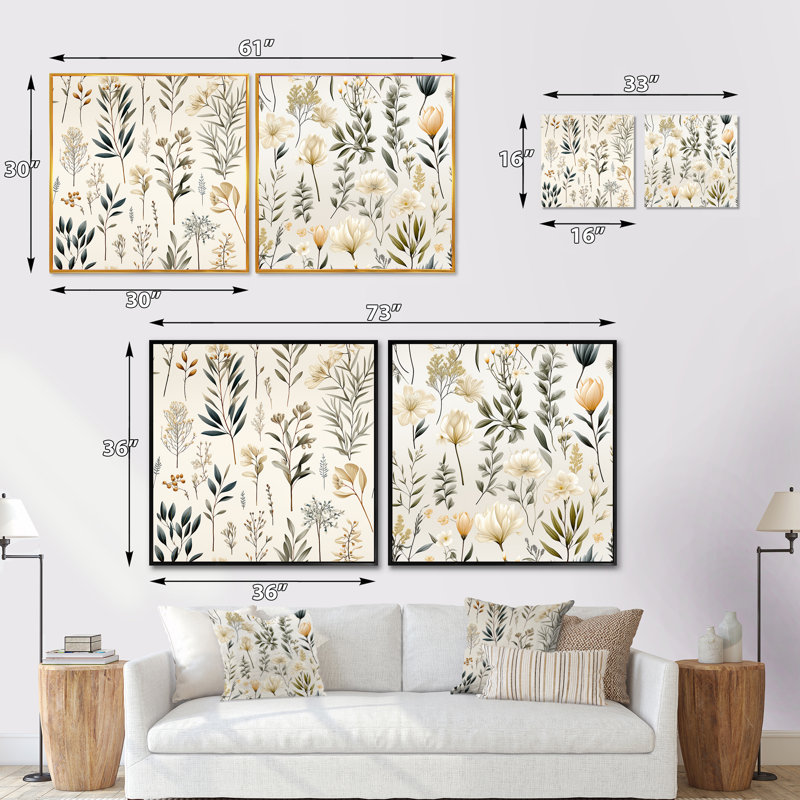 Wincanton - Ensemble de 2 collages carrés floral et botanique, Cadre flottant noir, H 36 po x l 73 po