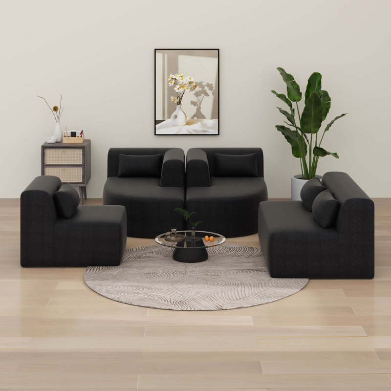 Canapé modulaire modulaire, tissu moderne rembourré avec 2 chaises longues et 5 coussins de dossier Boucle, Noir