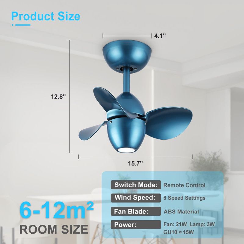 Petit ventilateur de plafond 18 "avec lumière et télécommande pour chambre d'enfant, Bleu, Bleu