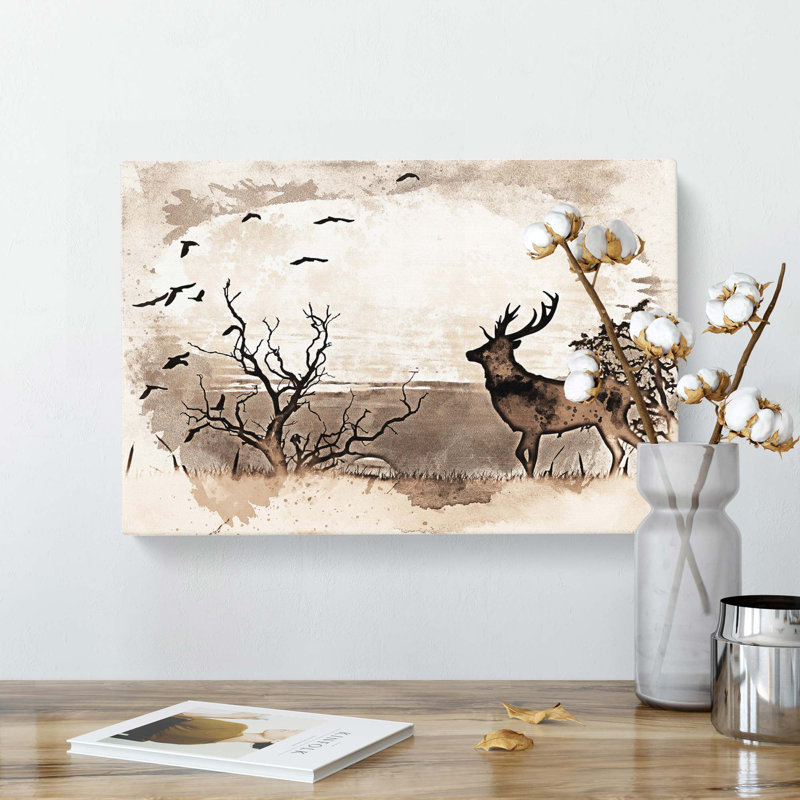 Stag Deer With Birds In Abstract - Wrapped Canvas, 50cm H x 76cm W x 3cm D