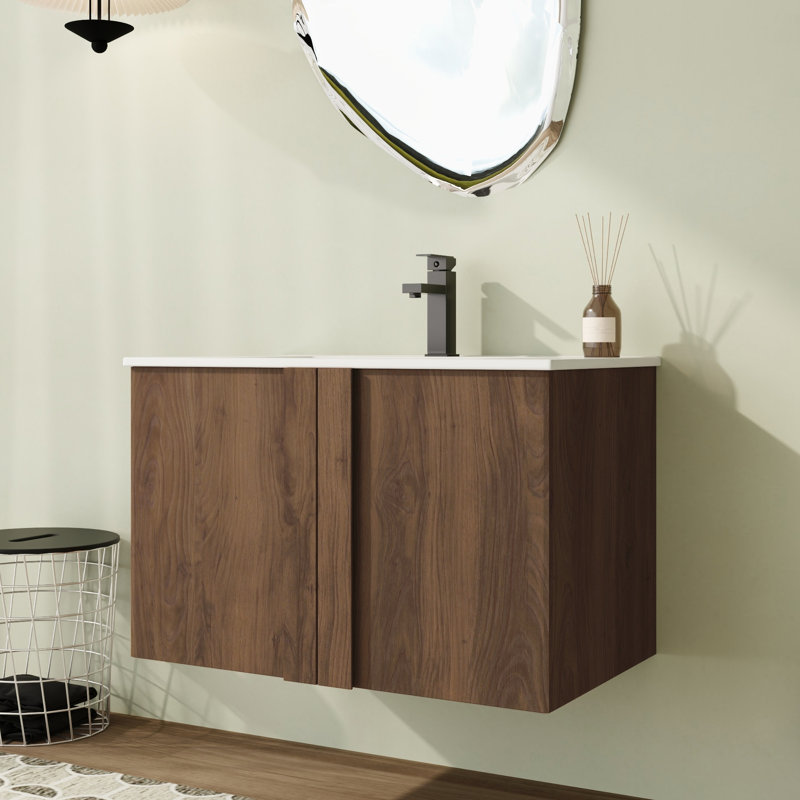 Meuble-lavabo mural simple de 30 po avec comptoir en céramique et meuble flottant brun, 30
