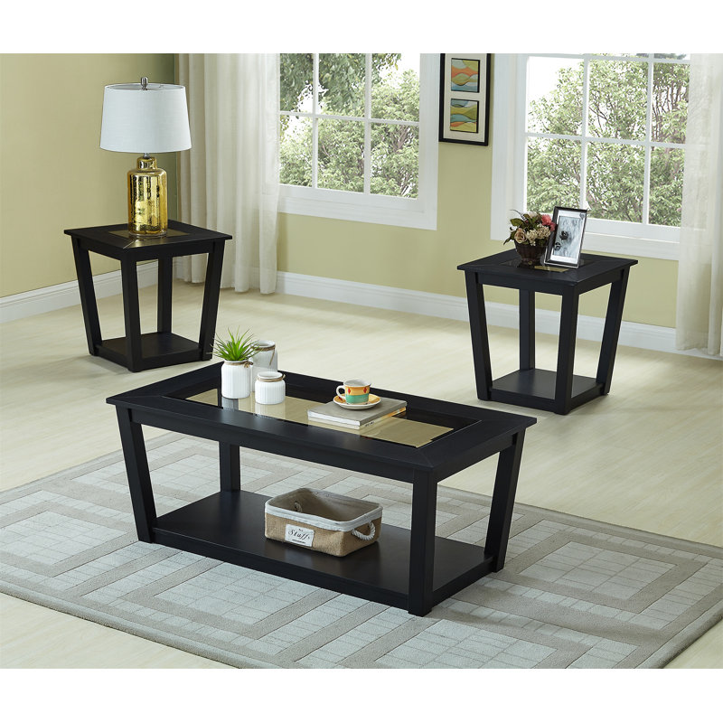 3-Piece Table Set Rectangular Coffee Table Two Matching End Tables Black Mdf/Glass Glass Top Wooden Base Open Lower Shelf Additional Storage Display Contemporary Home