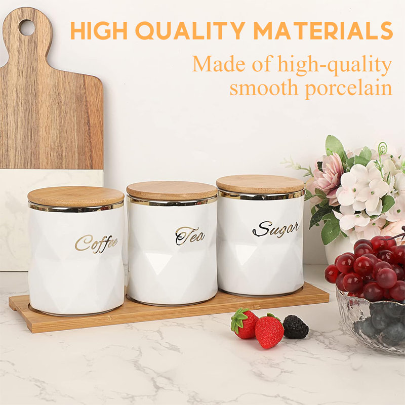 White Ceramic Honeycomb Canister Set with Bamboo Lids, 3 Piece