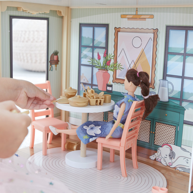 Click & Play Fully Assembled Pop-up Wooden Dollhouse With 50 Accessories