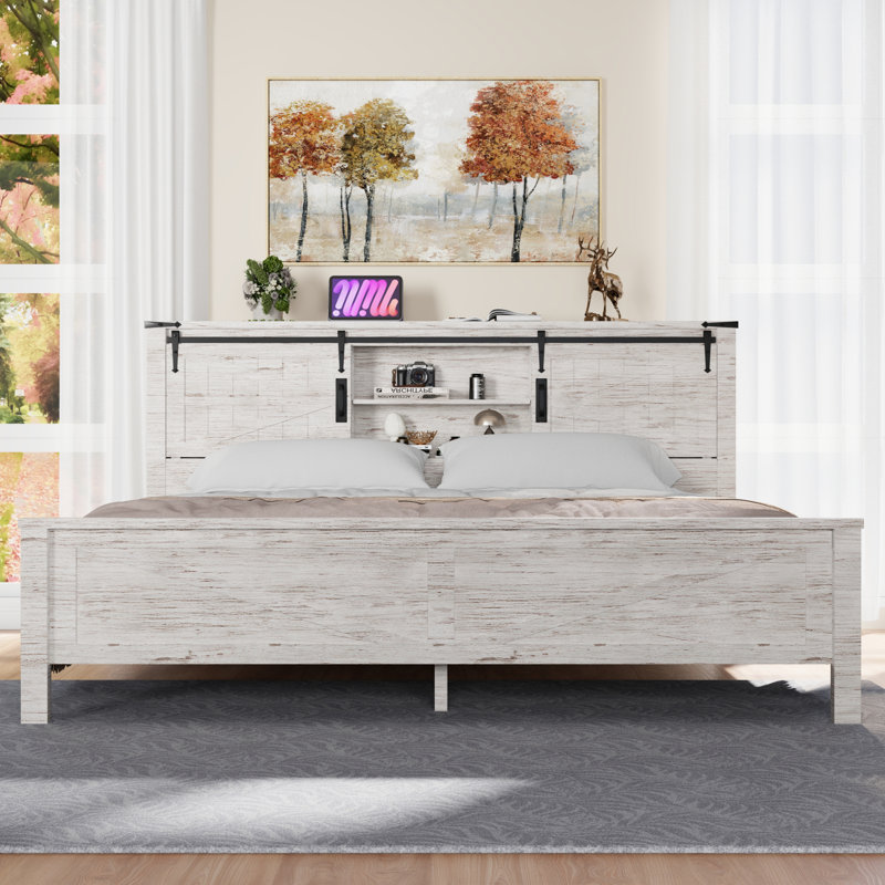 Farmhouse Bed Frame With Charging Station And Storage Cabinets, Antique Brush White, King