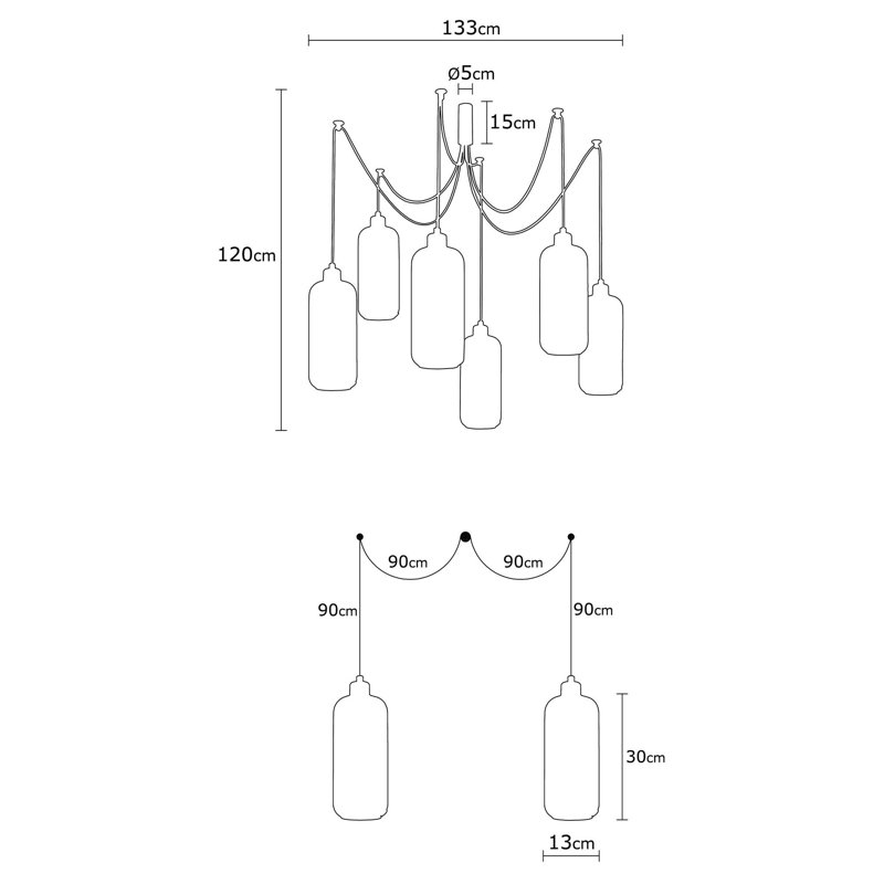 Luminaire suspendu cylindrique à 6 lumières Jak, Noir / rouge
