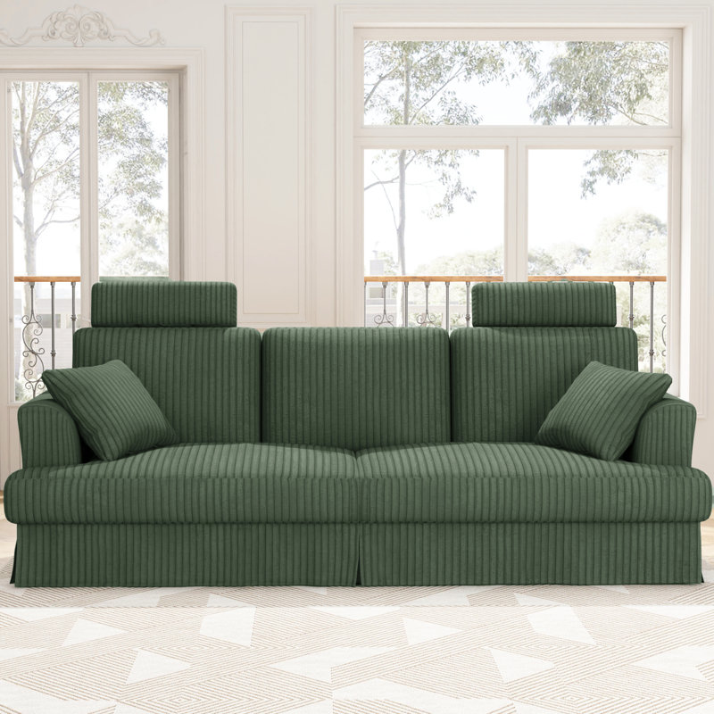 Modern Oversized 261Cm Sectional L-Shaped Corduroy Compression Sofa With Storage Pockets, Green