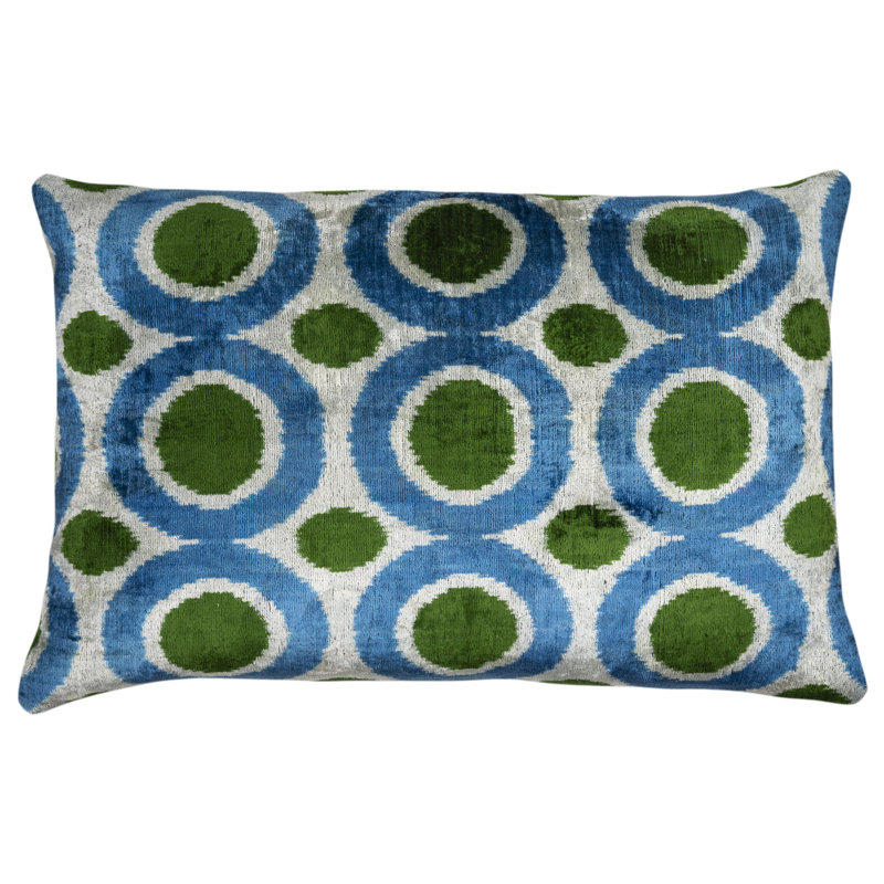 Coussin en velours fait à la main - cercles bleus et verts rétro, 16 x 24 po