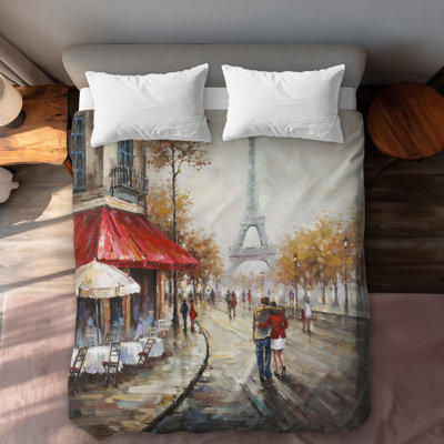 Couple Walking in Paris Street | Office Beige Duvet Cover