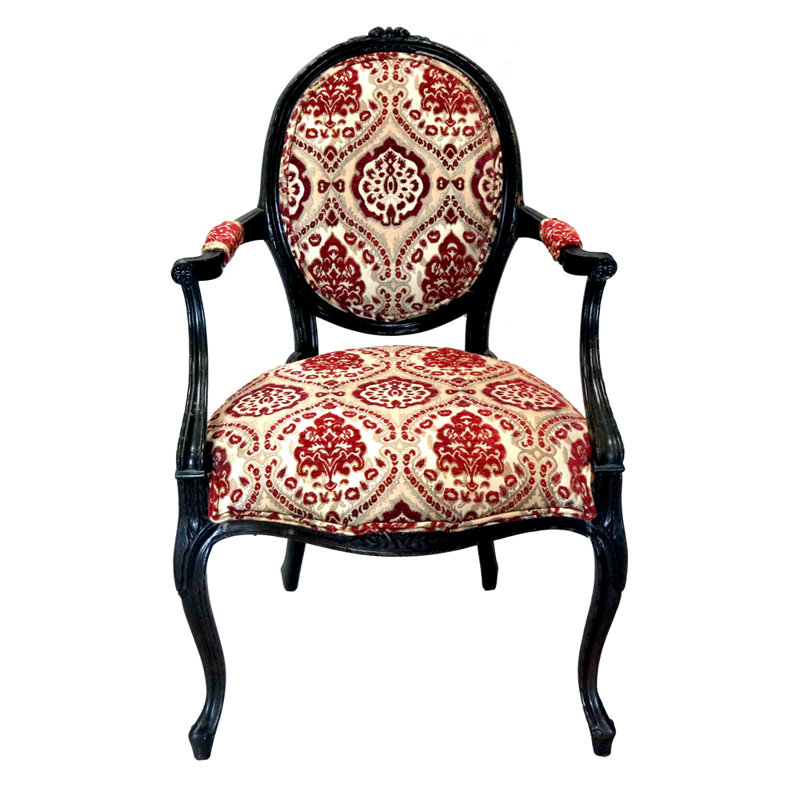 Fauteuil Louis Louis, Mélange de polyester rouge damassé, Noir, noir, noir, noir
