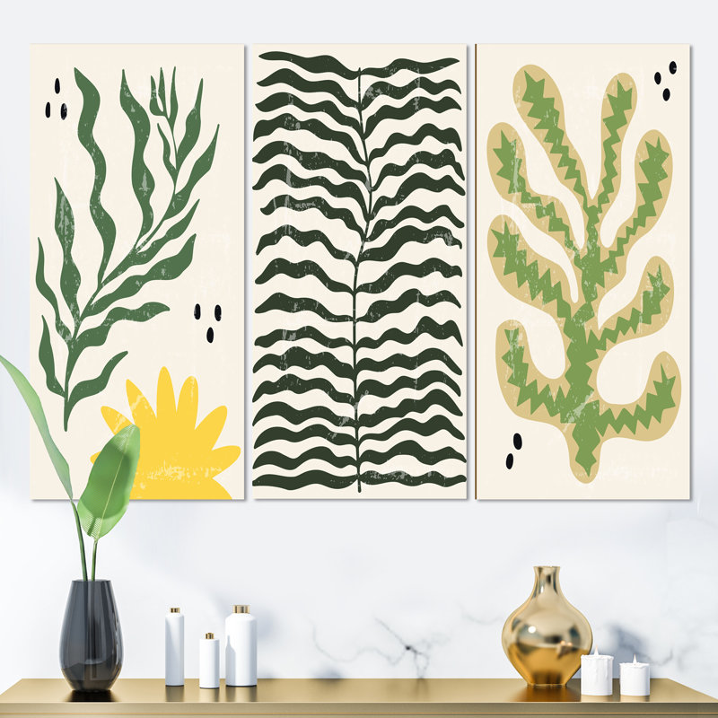 Retro Silhouettes Of Plants I - Ensemble d'art moderne Mid-Century de 3 pièces, L 36 po x H 28 po