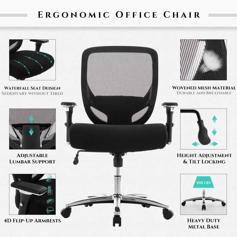 Ollega Big and Tall Office Chair 500lbs, Ergonomic Office Chair with  135°Adjustable Lumbar Support, Heavy Duty Mesh Office Chair Wide Seat,  Black