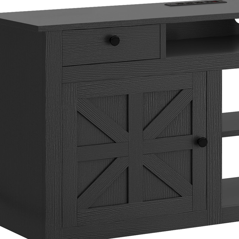 70"W Farmhouse TV Stand for TVs up to 80" with Power Outlet, 25.6" H x 70" W x 15.5" D, Black