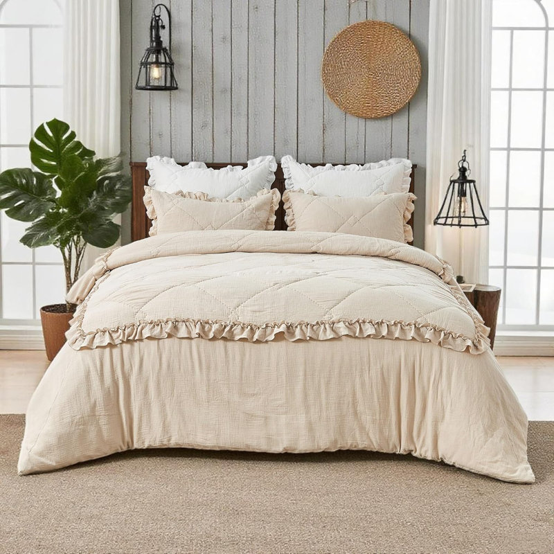 Ensemble de housse de couette 100% coton matelassé, housse de couette en mousseline à volants, Kaki