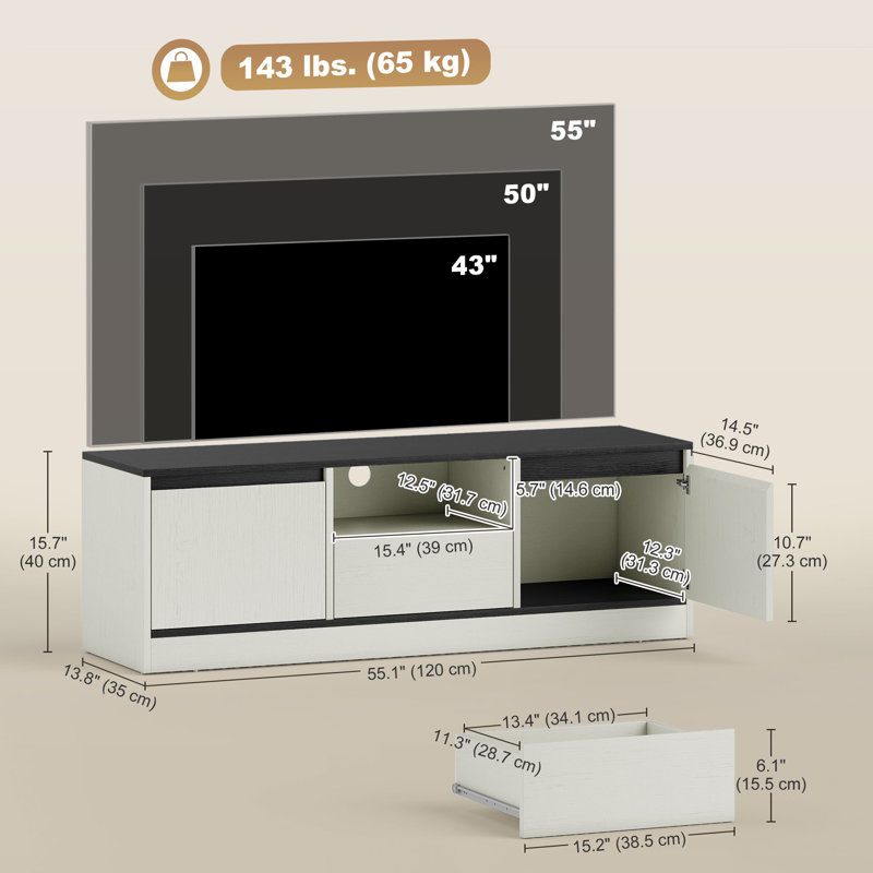 Meuble télé moderne pour téléviseur de 43 à 55 po, console avec rangement, grain de bois blanc délavé