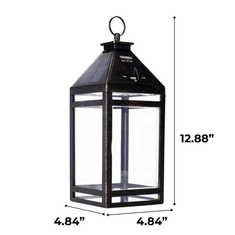12.88 Outdoor Vintage Solar LED Lantern with Auto Dawn-to-Dusk Sensor, Clear - White/Amber