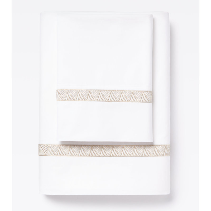 510 Thread Count Cotton Percale Sheet Set with Weave Embroidery in Palm, White/Tan, California King Sheet Set