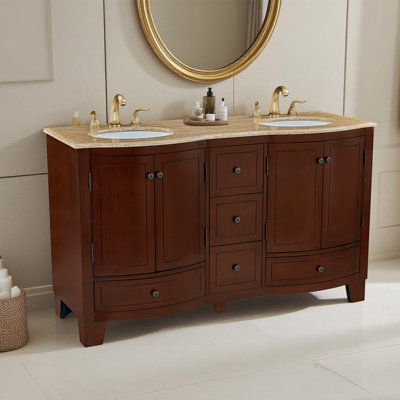 Meuble-lavabo double 60 po avec plateau en travertin Teyang