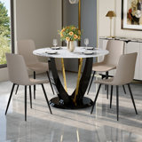 Table And Chair Set.42 Inch Diameter Round Tempered Glass Pandora Marble Patterned Dining Table - V-Shaped MDF Legs.Paired With 4 Gray Artificial PU Chairs With Curved Widened Cushion Design.
