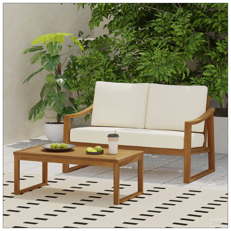 Table basse et causeuse Samwell, Coussin beige / structure en teck