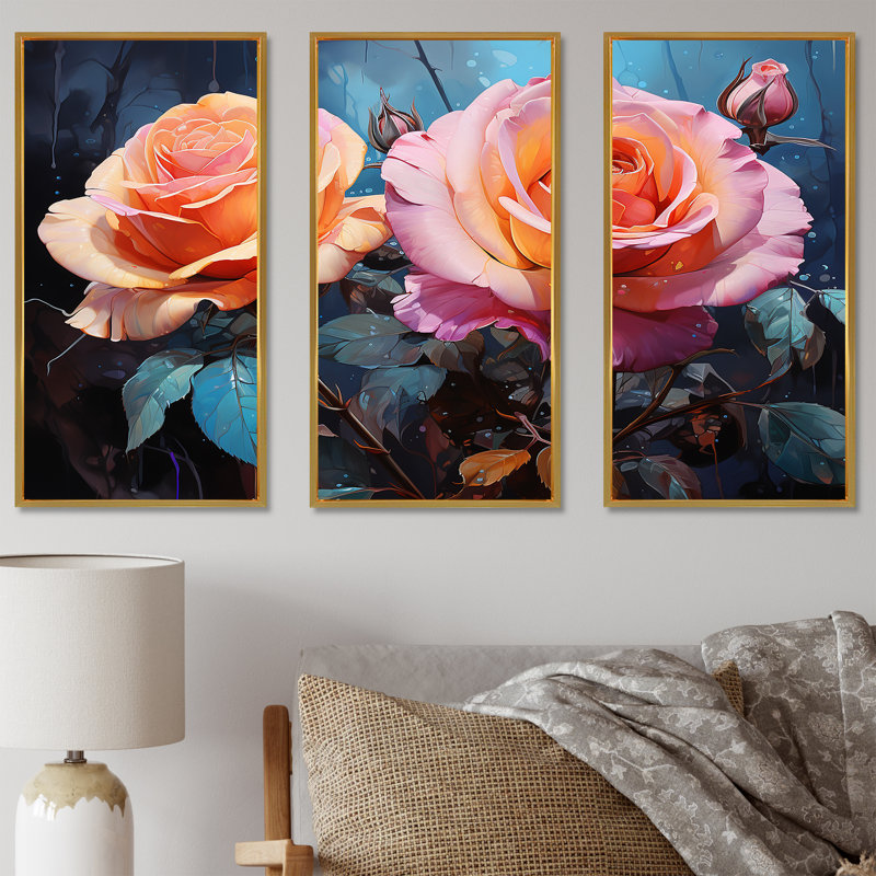 Minimalisme, roses roses, rêve III - ensemble de reproductions d'art mural roses, Cadre flottant doré