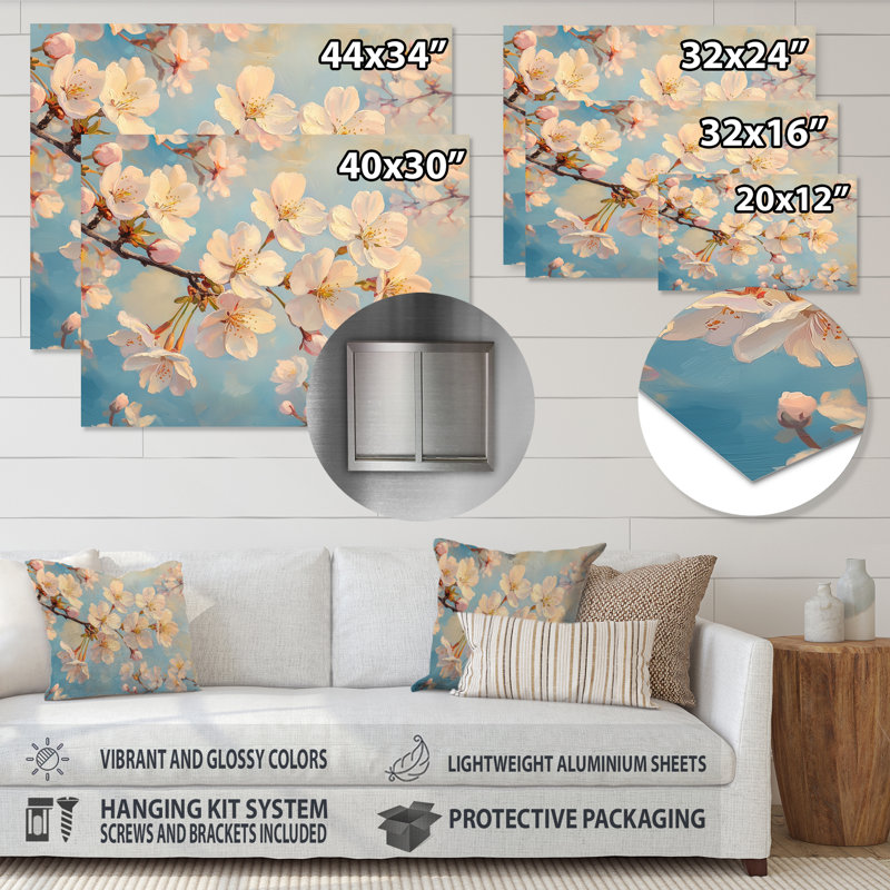 Décoration murale jaune et bleu, fleurs de cerisier printanières - fleur de cerisier en métal, H 12 po x l 20 po