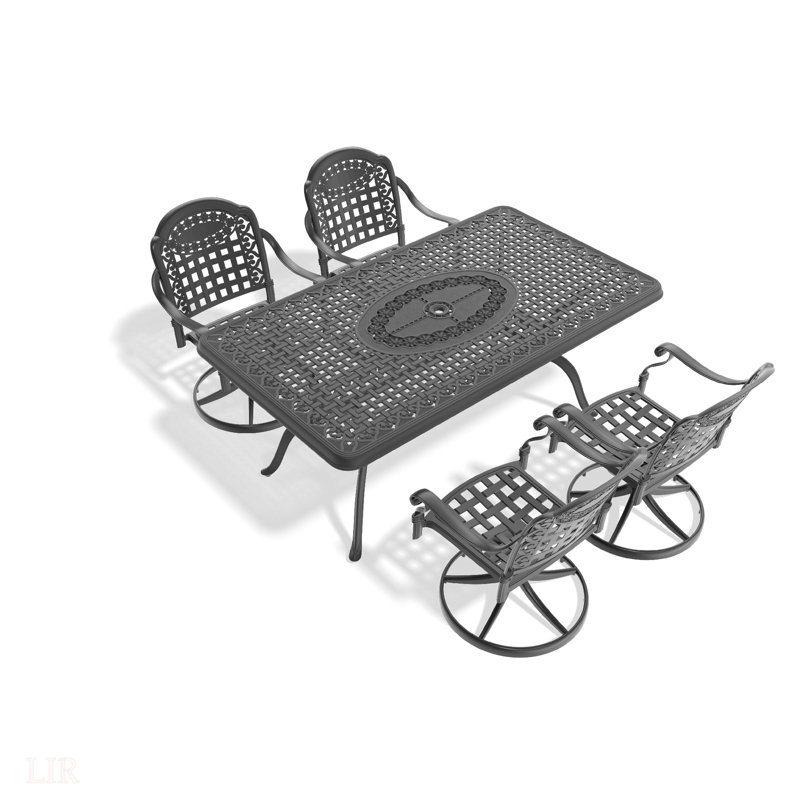 Ensemble de salle à manger toutes saisons en fonte d'aluminium, avec chaises pivotantes et table avec cadre noir, 4