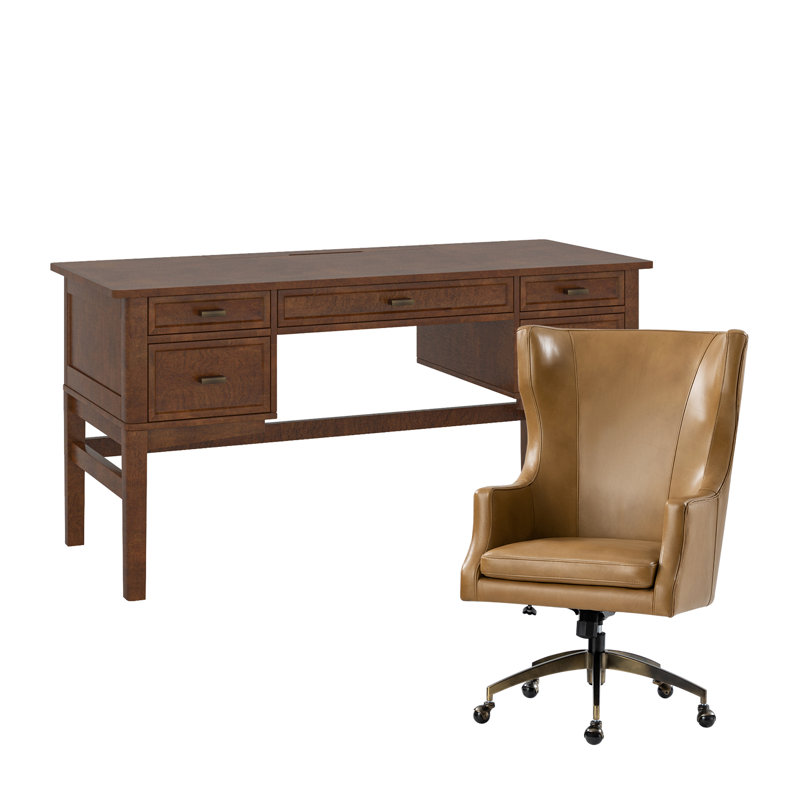 Heeg 2-Piece Office Room Set With Desk And Genuine Leather Office Chair, Camel