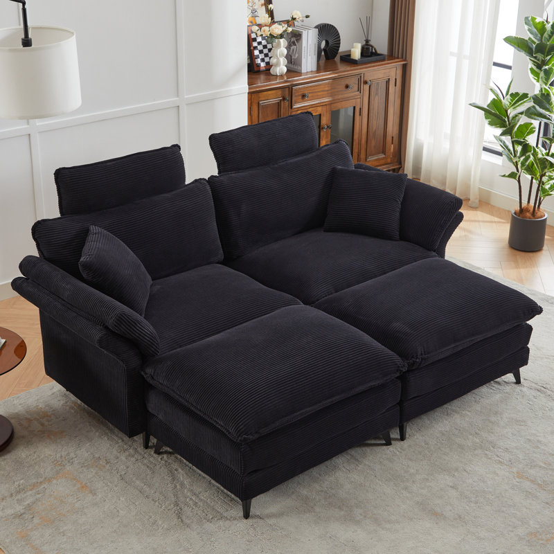 Canapé modulaire d'appartement avec repose-pieds, velours côtelé 85,8 po (canapé noir 85,8 po, pour bureau