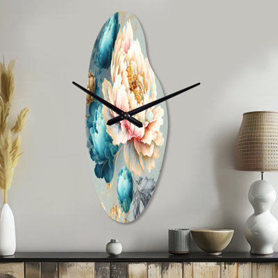Gildea Multi-Color Blooming Flowers IV - Floral Asymmetrical Metal Wall Clock, Blue Curved Clock Print