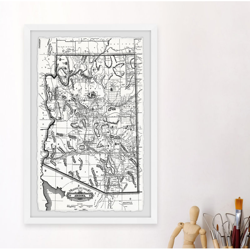 Carte du chemin de fer de l'Arizona - encadré imprimé sur papier, H 45 po x l 30 po x P 1,5 po