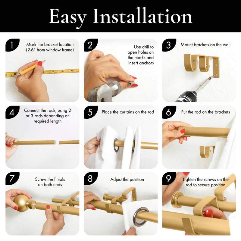 Gold Adjustable Double Curtain Rod with Ball Finials, 28"-48"