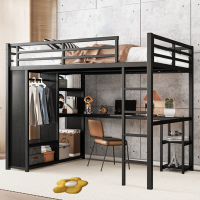 Metal Loft Bed Frame With Built-In Wardrobe, Desk And Storage Shelves by Isabelle & Max
