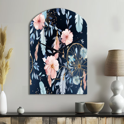 Ethereal Dreamcatchers Boho Pattern - Floral Arch Metal Clock, Cottage Asymmetrical Wall Clock Print