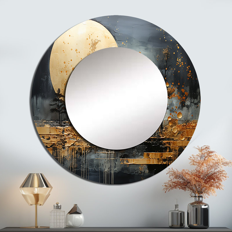 «Saleah Gold Grey Golden Gleam I», miroir de collages abstraits, miroir mural rond doré unique, art imprimé en métal