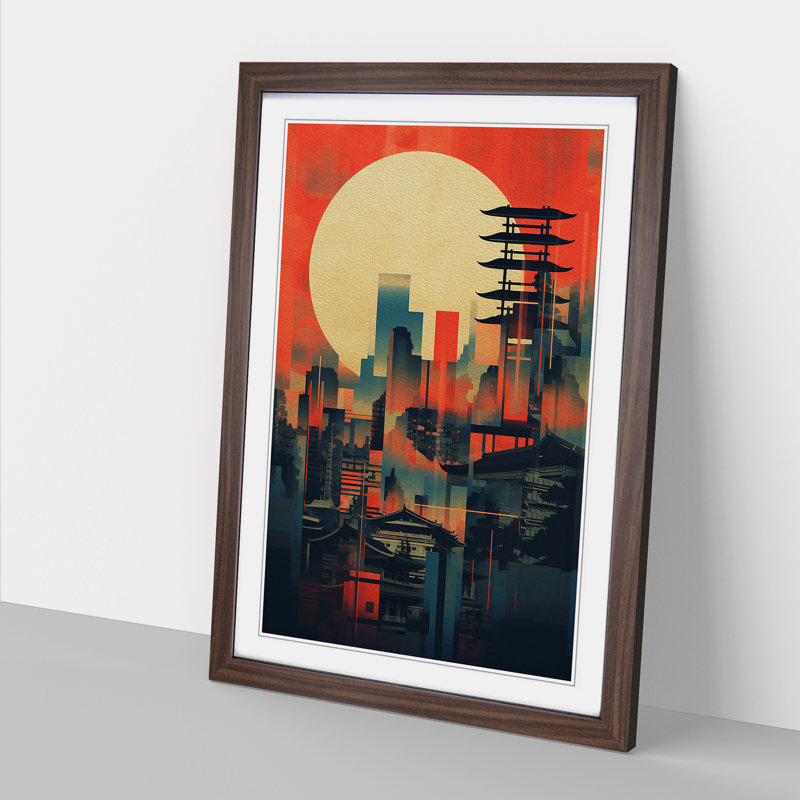 Japanese Sunset Constructivism - Single Picture Frame Print on Wood, 64cm H x 46cm W x 2cm D, Walnut 
