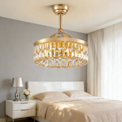 Retractable Crystal Chandelier Ceiling Fan With Lights And Remote Control, 6-Speed Reversible Dc Motor, Ultra-Quiet Operation For Bedroom Living Room