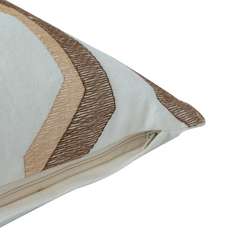 Beige and Brown Geometric Embroidered Cotton Square Pillow