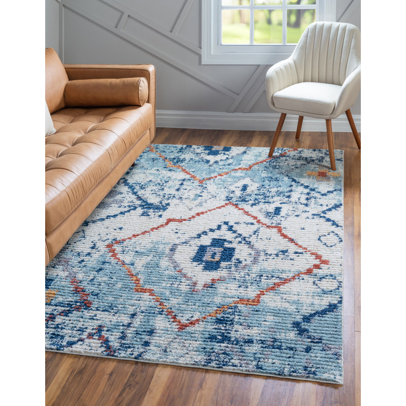 Tapis ivoire / bleu Southwestern, Rectangle 2 pi 2 po x 3 pi 1 po