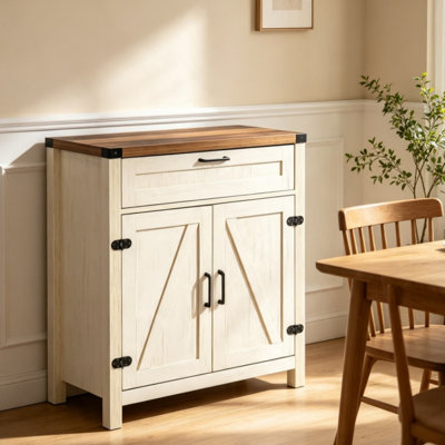 Buffet blanc Farmhouse, armoire de rangement rustique avec tiroir simple, portes de grange doubles et large plateau de table pour la cuisine et le salon