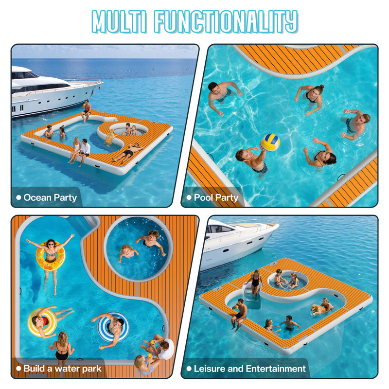13×13FT Inflatable Sea Pool, Swimming Pool Platform with Safety Net, Modular Swim Air Dock with Electric Air Pump for Ocean Party, Dual Depth Design & Non-Slip Surface