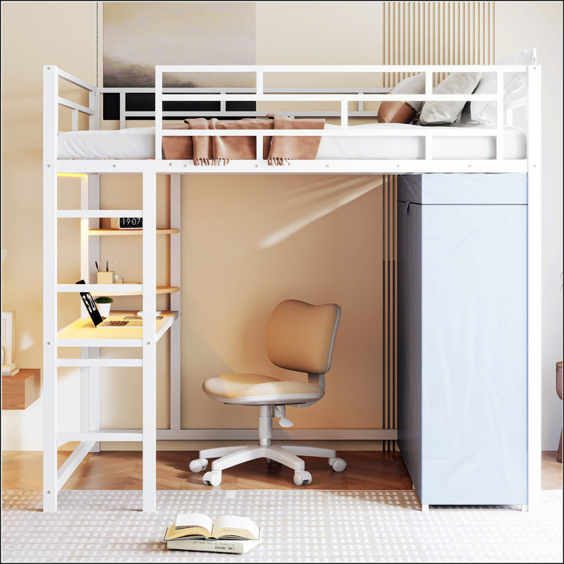 Lit en métal avec bureau Loft, Double, Blanc
