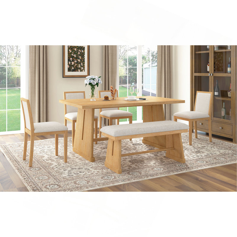 Ensemble de table de salle à manger rustique treillis Trexm 6 pièces au design brossé, table de salle à manger rectangulaire avec pieds trapézoïdaux, 4 chaises rembourrées en lin et 1 banc rembourré pour la salle à manger et la cuisine