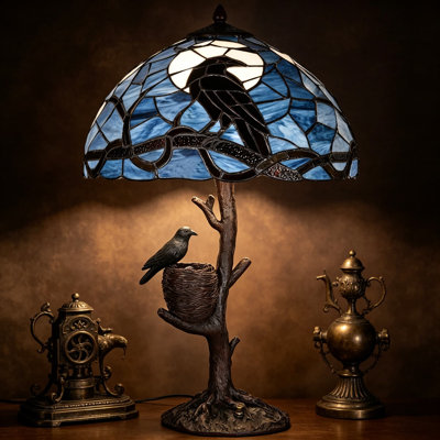 Raven Sitting on Bare Tree Branch in Full Moon Night Tiffany Style Stained Glass Table Lamp for Home Decor, Handmade Copper Foil Art Glass Shade, Dual Lighting with Resin Base, 16 x 24 Inches