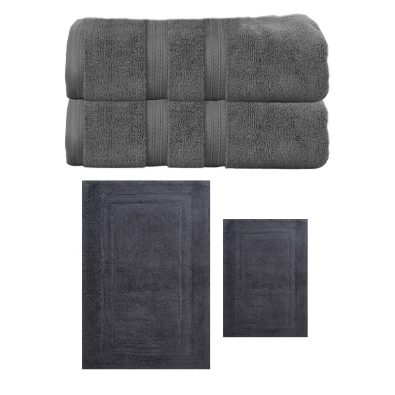 Buariki Collection 100% Soft Cotton 2 Pc Bath Towel Set & 2 Pc Bath Rug Set, (Set of 4) Reversible, Dark Gray