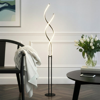 Lampe de table et spirale moderne 2 en 1 à DEL de 40 à 60 po Embrace avec finition noire, hauteur réglable et gradateur à 3 voies intégré