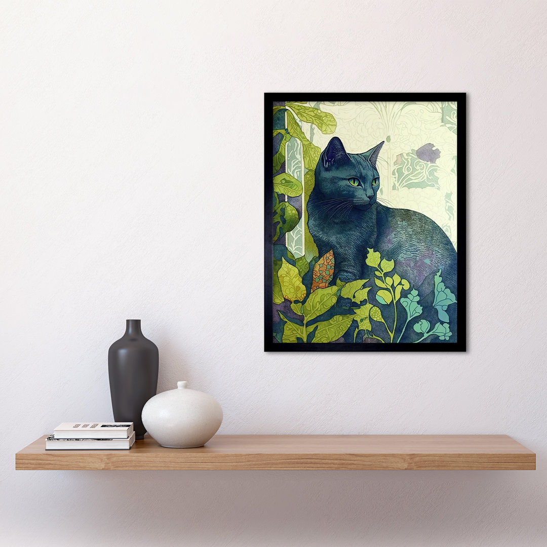 Russian Blue Cat With Bright Ornate Plants Modern Nouveau - Single Picture Frame Print