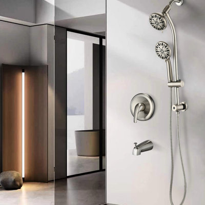 Douche en nickel brossé avec perceuse - glissière en acier inoxydable et 7 têtes doubles, douchette de baignoire en métal et valve 26 po Nickel sans perçage 7 réglages, corrosion
